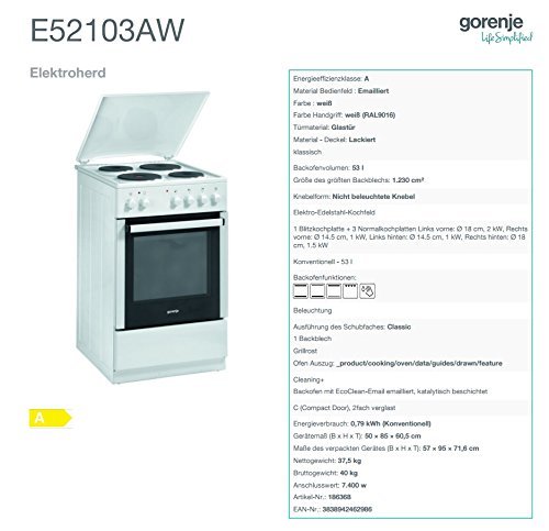 Gorenje E 52103 AW Elektroherd mit emaillierter Kochmulde / A / 53 L / weiß -