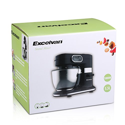 Excelvan Küchenmaschine 1000W 5,5L Edelstahl-Rührschüssel mit Spritzschutz Deckel und 3 Mischanbau-Rührbesen Knethaken und Schneebesen Schwarz - 