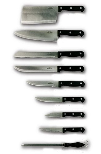 Schäfer 15-teiliges Messer-Set inkl. 1 Messerblock - 1 Kochmesser - 1 Brotmesser - 1 Universalmesser - 1 Hackbeil - 1 Filetiermesser - 1 Tranchiermesser - 6 Steakmesser - 1 Wetzstahl (Rot) - 
